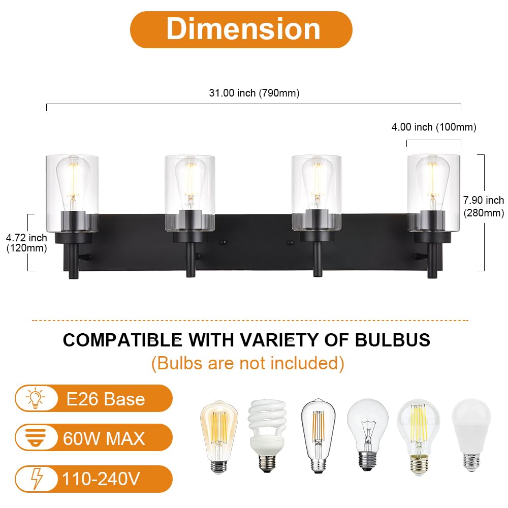 VINLUZ 4 Lights Bathroom Vanity Light Fixture Black Sconces Wall